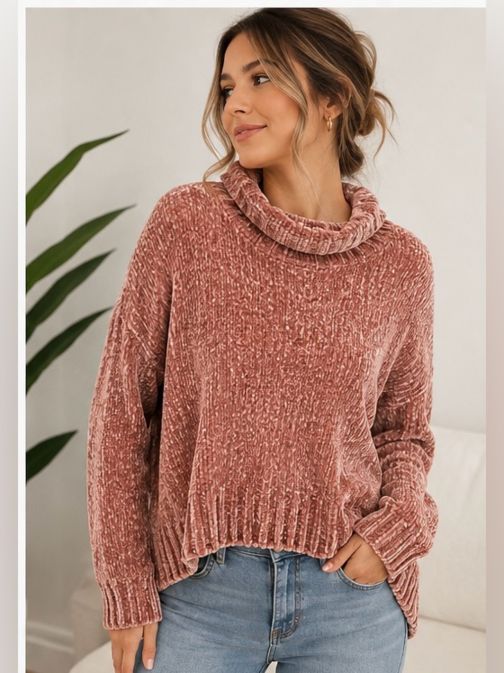 Cynthia Rowley Chenille Turtleneck Sweater Pink Cozy Chunky Knit Women’s Medium